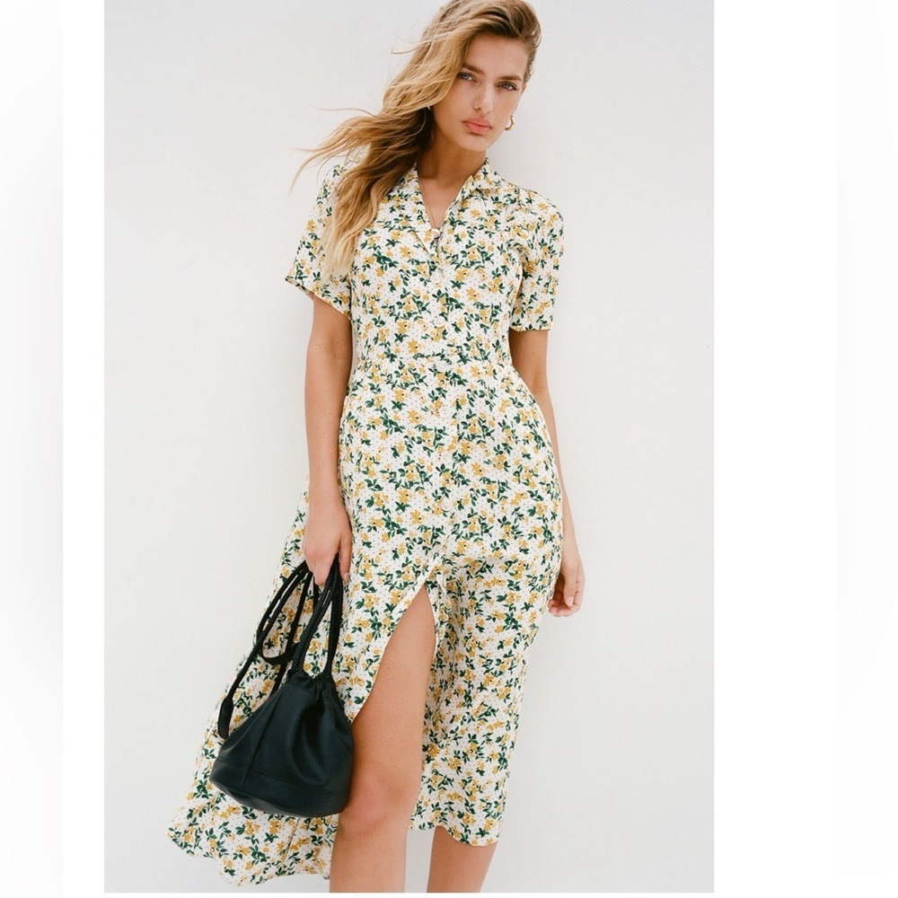 UO Urban Outfitters Mila Midi Shirt Dress in Ivory Yellow